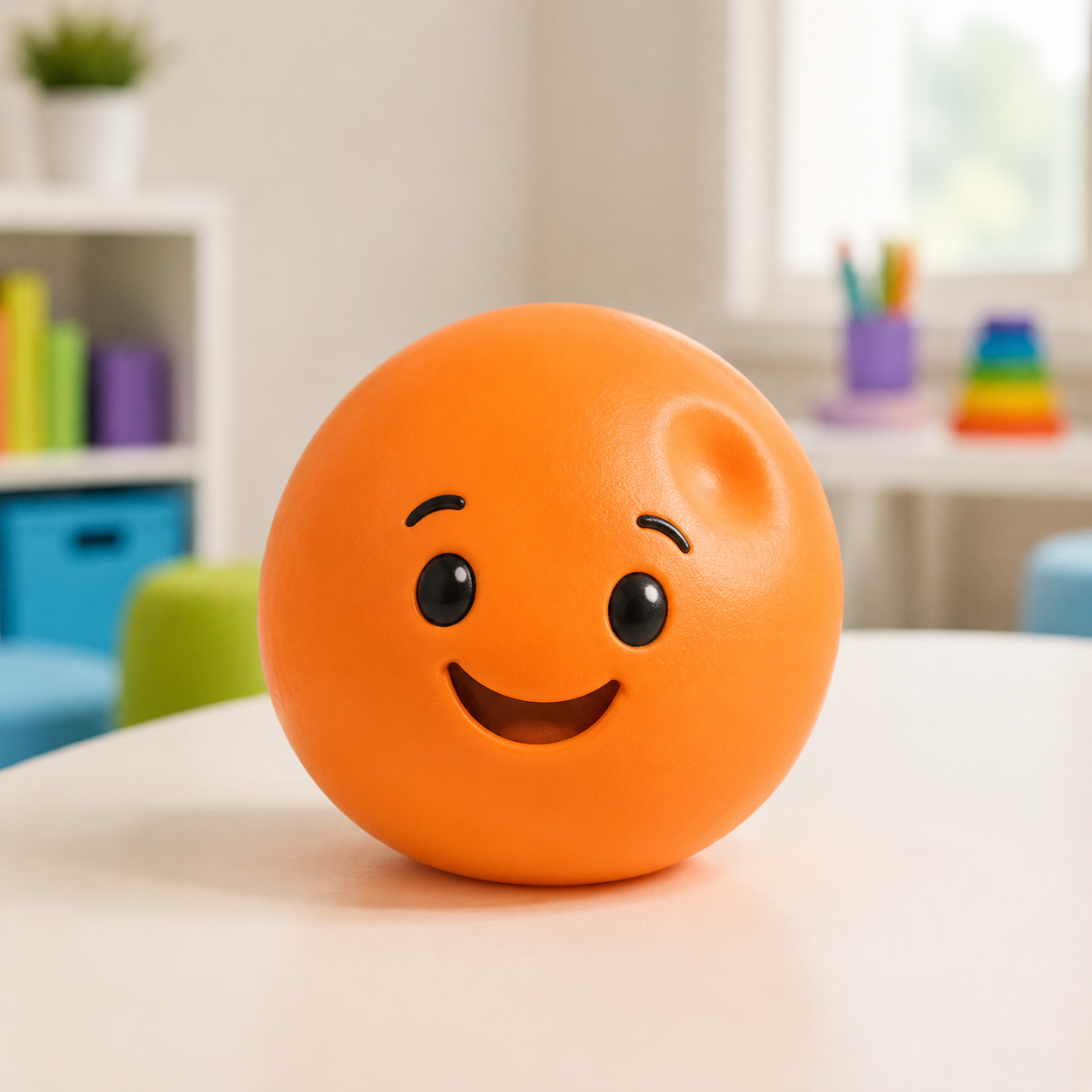 Orange face squishy ball with a friendly expression displayed in a child-friendly therapy room