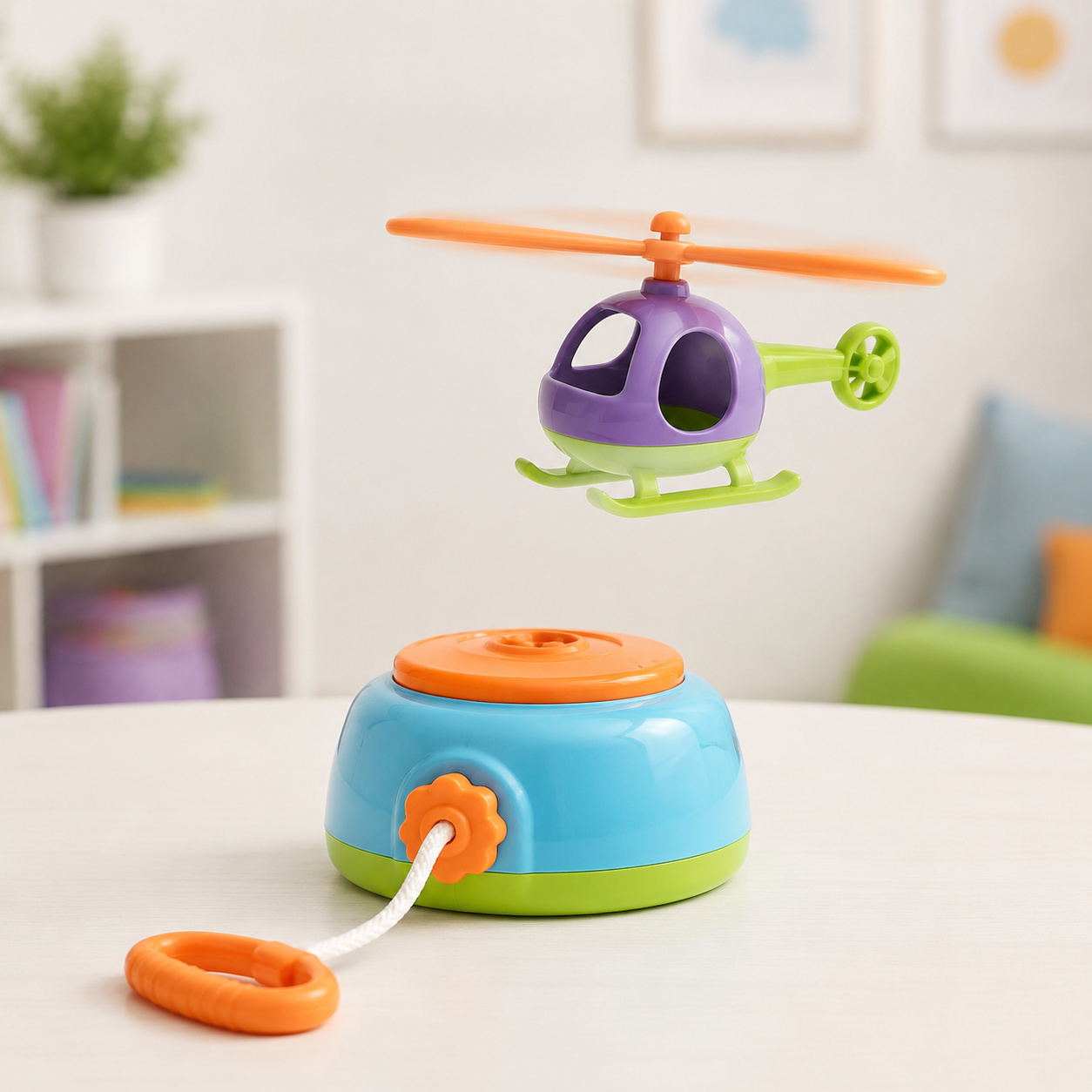 Colourful pull-string helicopter toy and launcher displayed in a child-friendly therapy room