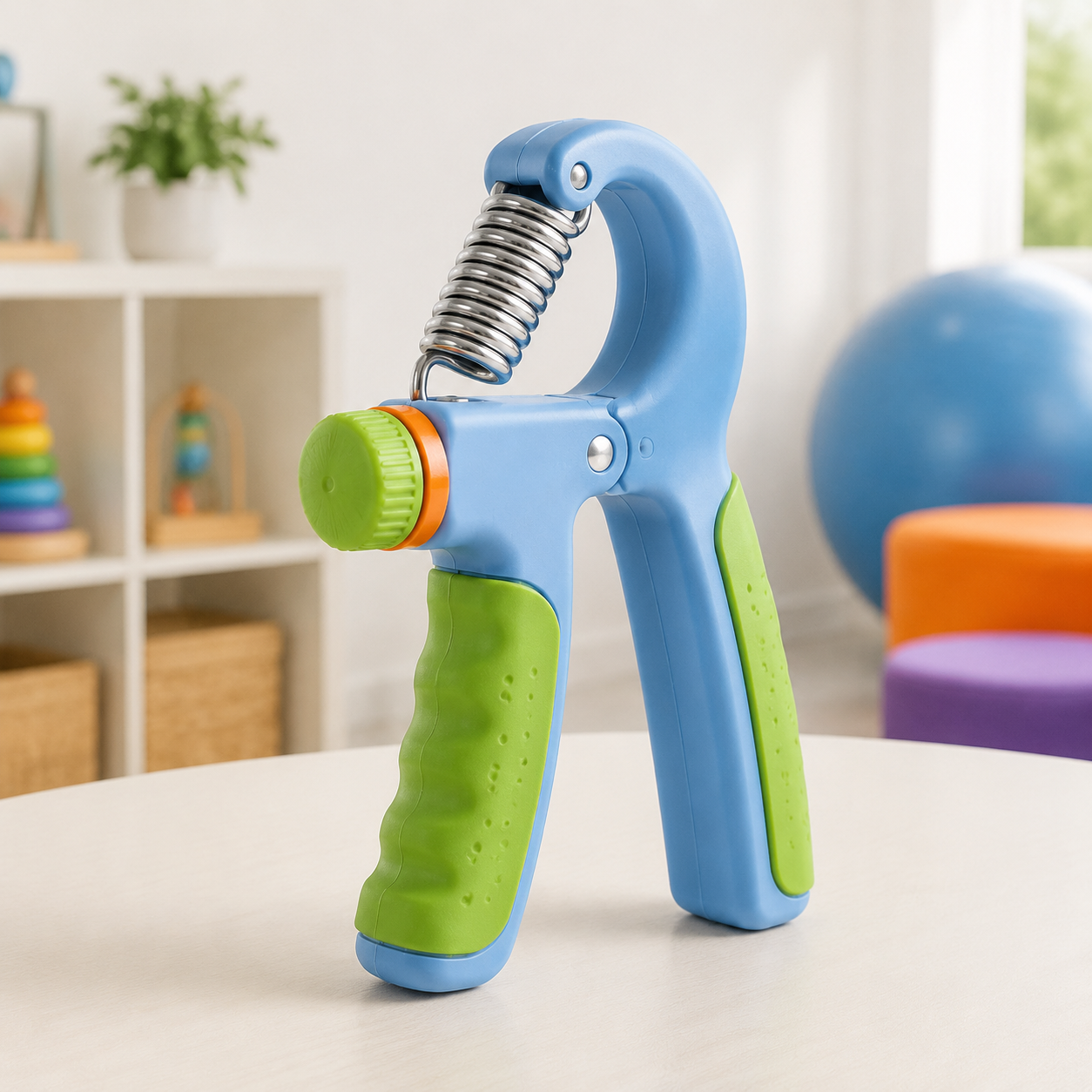 Child-friendly blue and green adjustable hand grip strength trainer in an occupational therapy setting