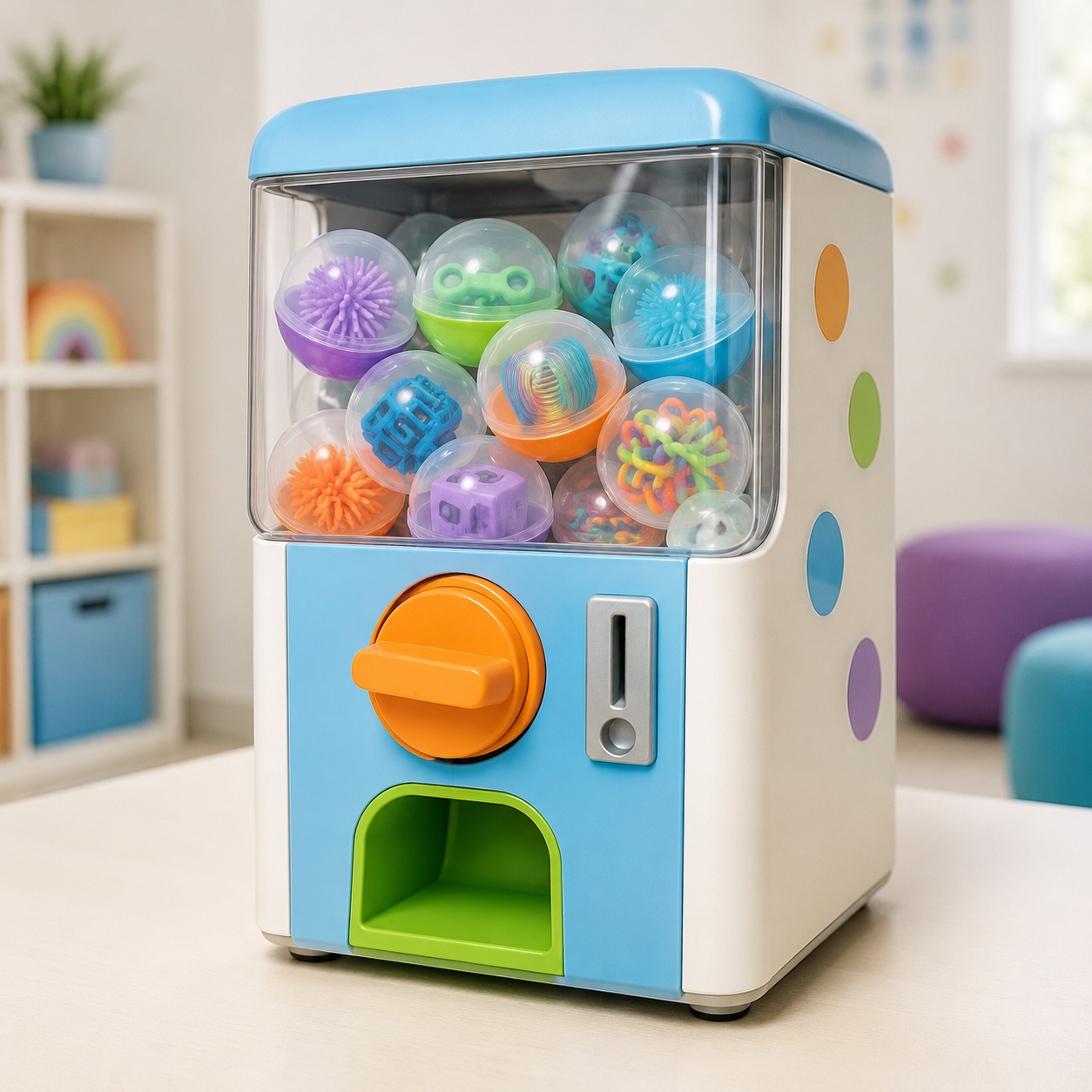 Colourful sensory therapy vending machine containing capsules with tactile and fidget resources in a child-friendly therapy room